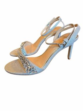 Jewel Badgley Mischka Light Blue Glitter Slingback Heels with Crystal Toe